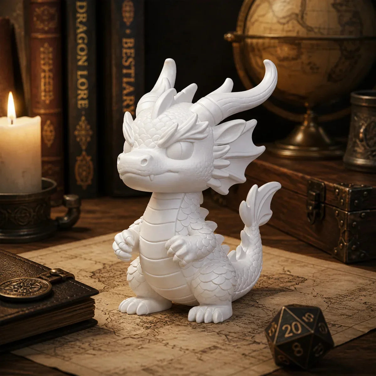 A white miniature dragon desk ornament sits on parchment next to old books and a globe.
