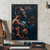 A dark, dramatic canvas wall art print featuring a muscular man with a beard and tattoos looking to the side.