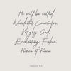 A black calligraphy rendering of Isaiah 9:6 on a light gray background.