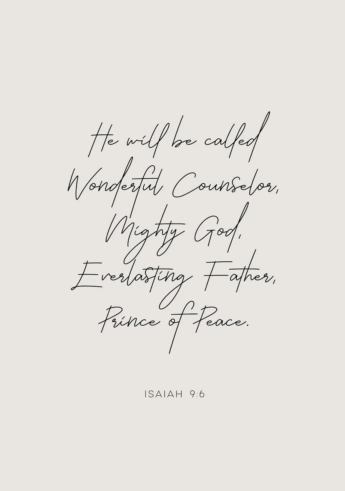 A black calligraphy rendering of Isaiah 9:6 on a light gray background.