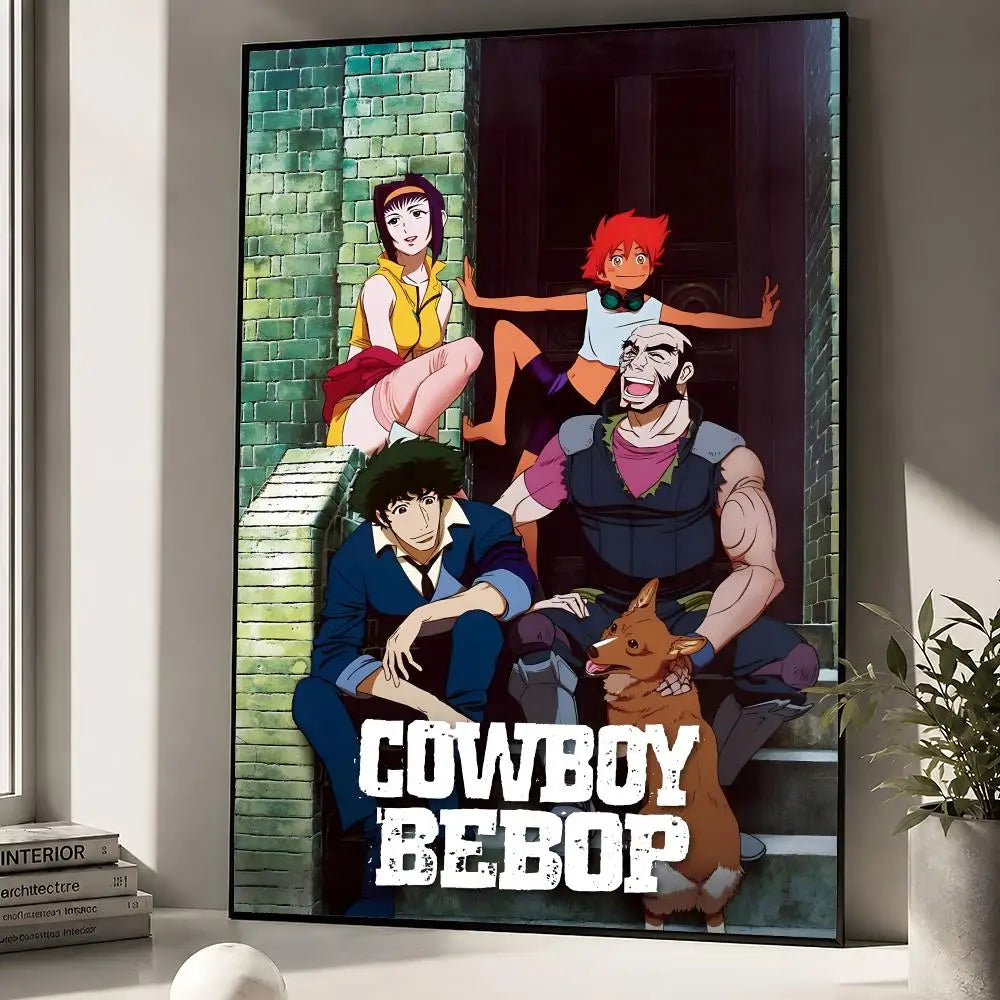 A wall poster featuring characters from Cowboy Bebop, including Spike Spiegel and others, displayed in a vertical format.
