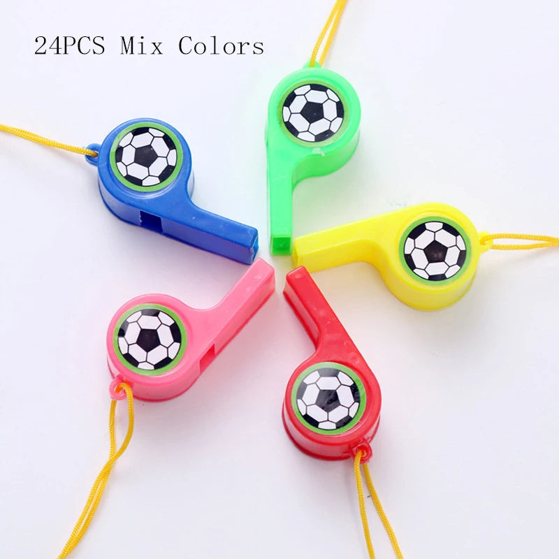 A collection of 24 plastic whistles in various colors, including green, blue, yellow, and pink, attached to yellow lanyards.