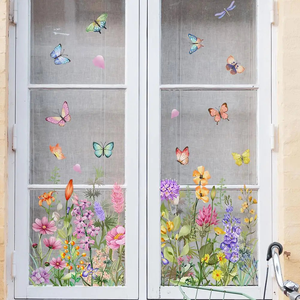 Window decal featuring colorful butterflies and flowers on a glass pane