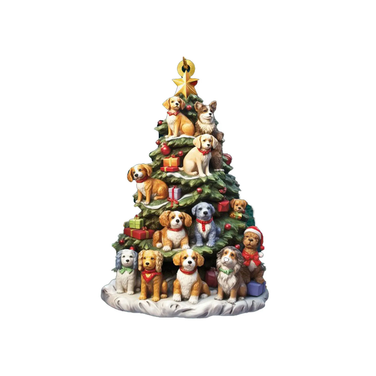 Ornement d'arbre de Noël avec plusieurs figurines de chiens et une étoile dorée.