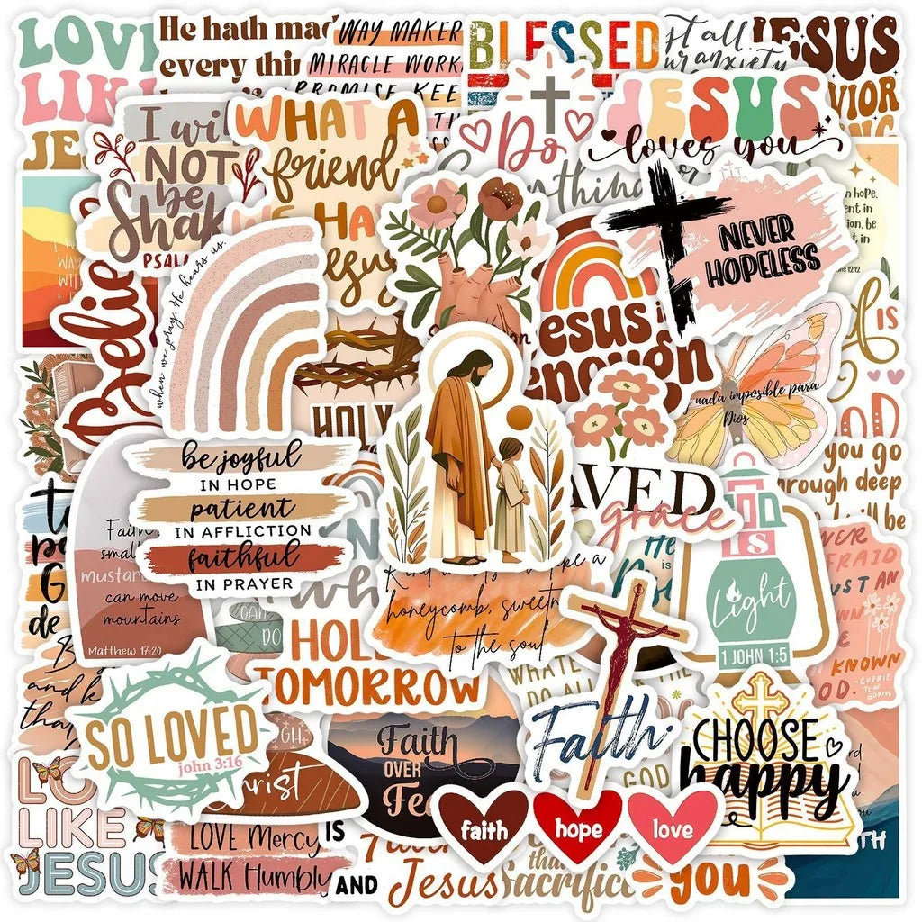 Graffiti stickers featuring various Jesus phrases and motivational words like Love Faith Hope and Jesus