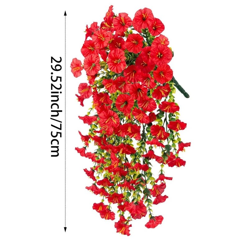 A vertical display of artificial red morning glory flowers with silk vines for indoor and outdoor decoration.