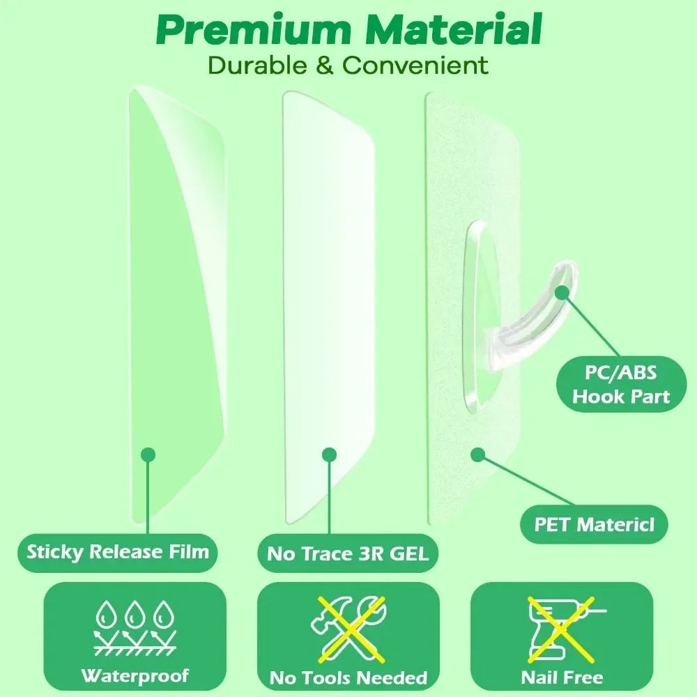 A set of clear, durable self-adhesive hooks made from PC/ABS and PET material, highlighting waterproof and tool-free features