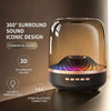 A transparent RGB Bluetooth speaker with a dome design, showcasing features like 360° surround sound and colorful ambient lig