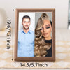 A wooden photo frame displaying a portrait of a man and a woman, showing the dimensions.