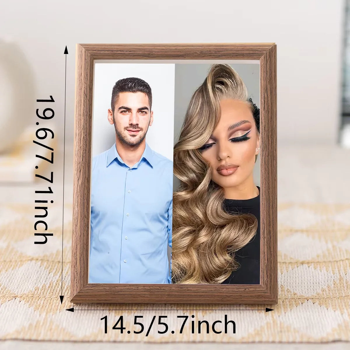 A wooden photo frame displaying a portrait of a man and a woman, showing the dimensions.