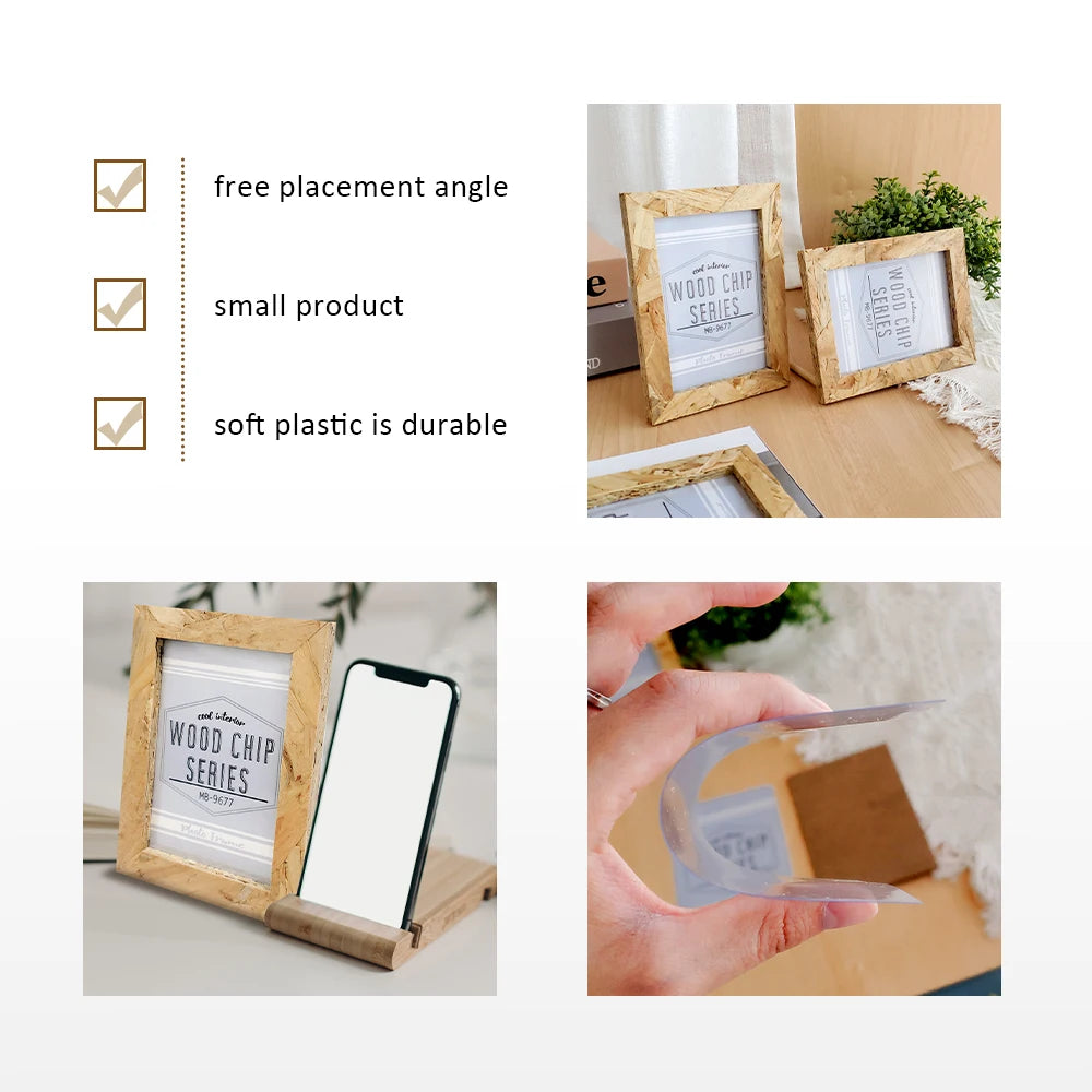 Natural wood rectangular photo frame for desktop display with a glass cover and a small piece of plastic
