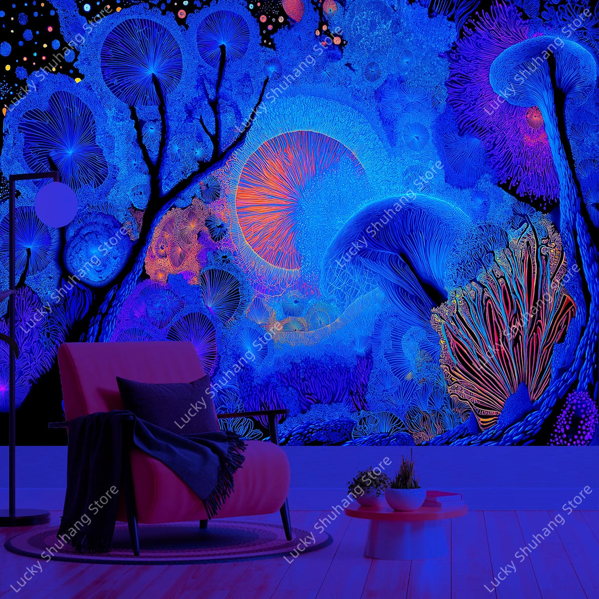 A vibrant blue and purple psychedelic tapestry featuring glowing geometric patterns and tree-like structures.