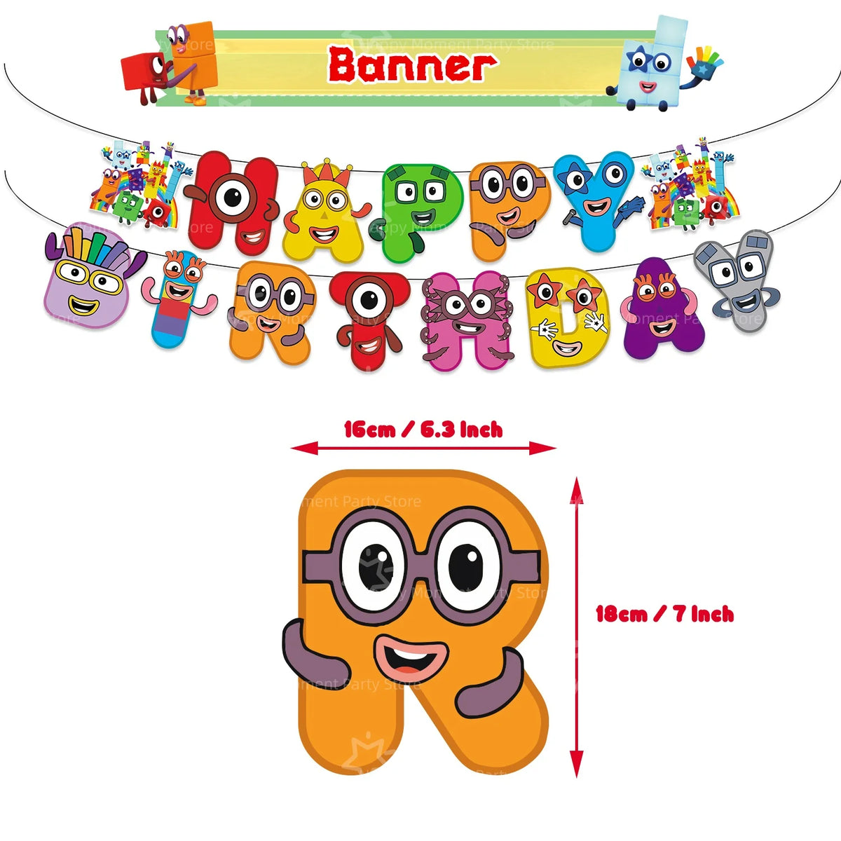 A banner decoration set featuring various colorful character figures and letters for a birthday party.