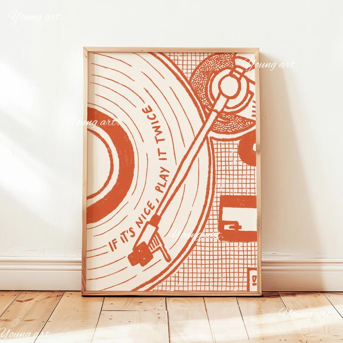 A framed canvas art print featuring a retro vinyl record design in terracotta orange on a white background.