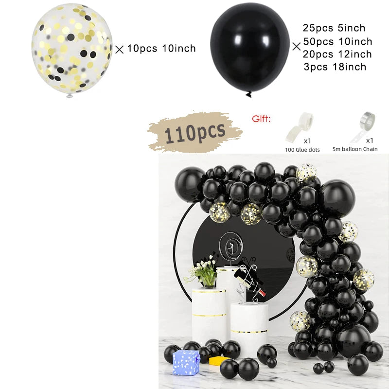 Black and gold balloon garland arch kit featuring black balloons, gold dots, and a balloon chain.