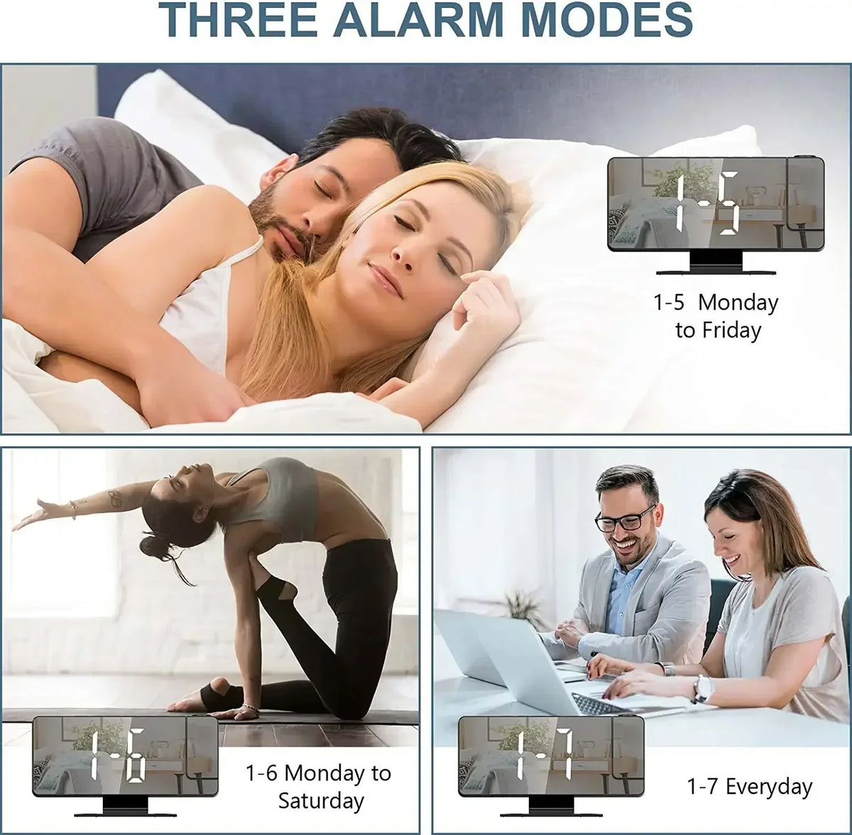 Three alarm modes shown for an LED digital projection alarm clock, including Monday to Friday and 1-7 everyday settings.
