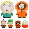 A collection of South Park plush dolls featuring Stan, Kyle, Kenny, and Cartman in various outfits.