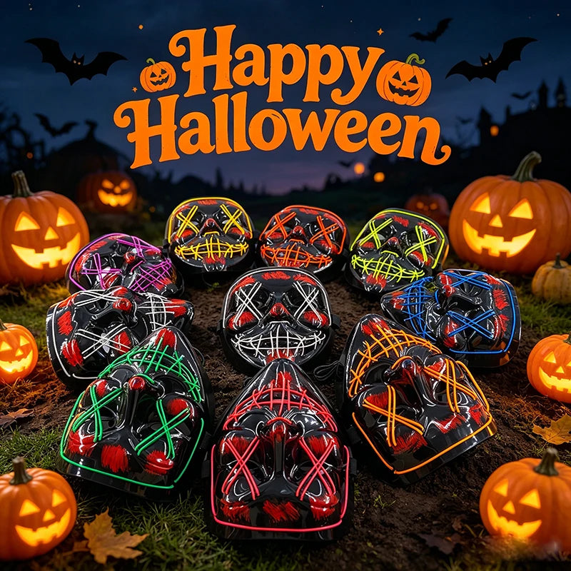 A collection of glow-in-the-dark LED purge masks displayed on a Halloween-themed background with pumpkins.