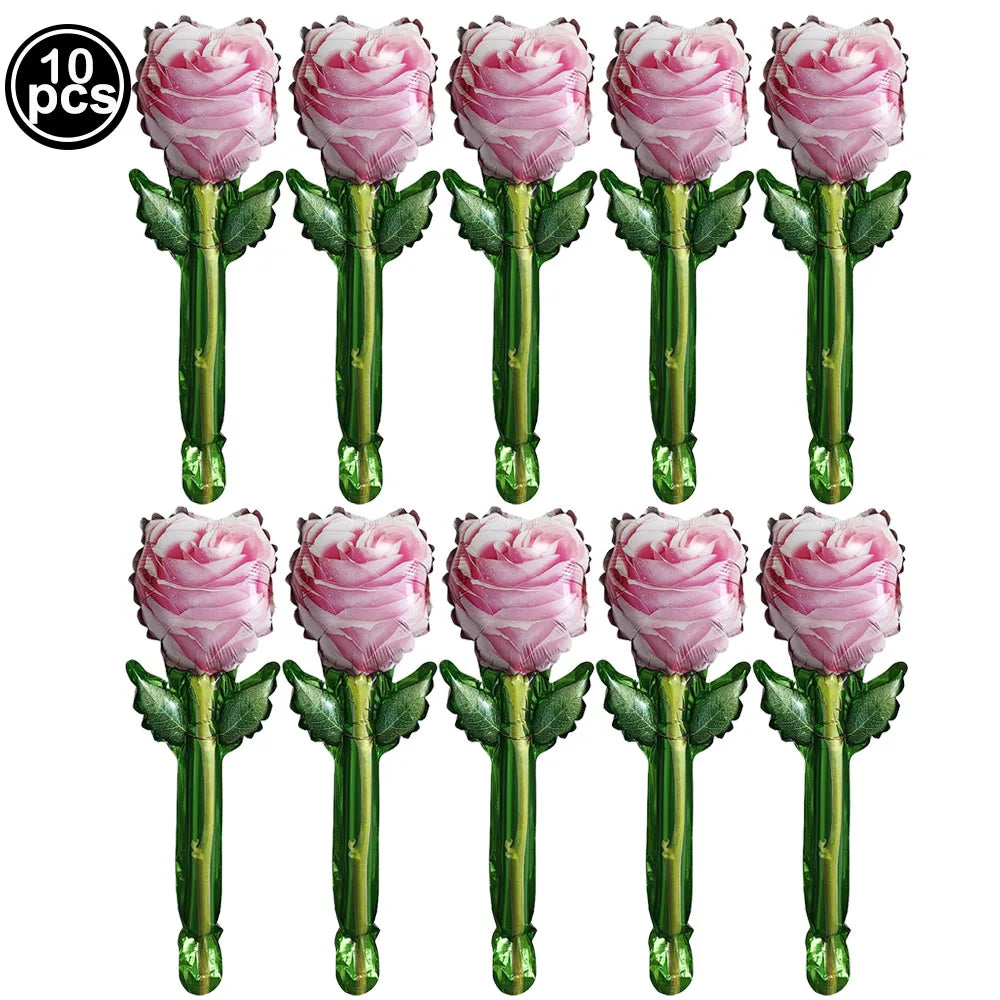 Ten pink roses in green stems with foil finish