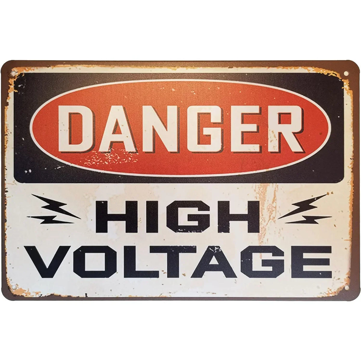 Vintage tin sign with a black and orange warning that reads DANGER HIGH VOLTAGE