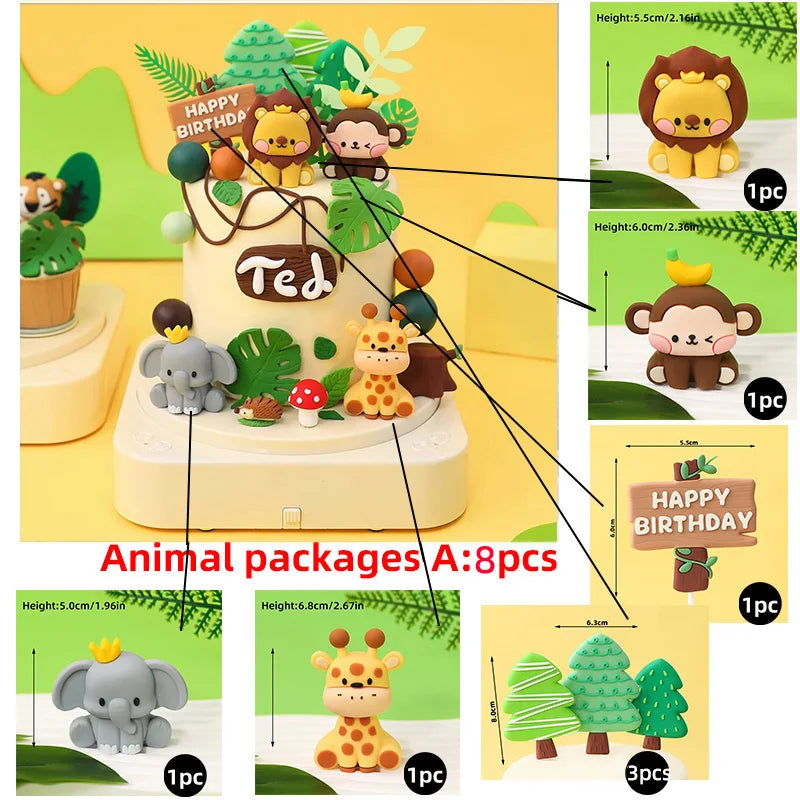 A set of eight animal cake toppers featuring various jungle safari animals like a lion, monkey, elephant, and others.