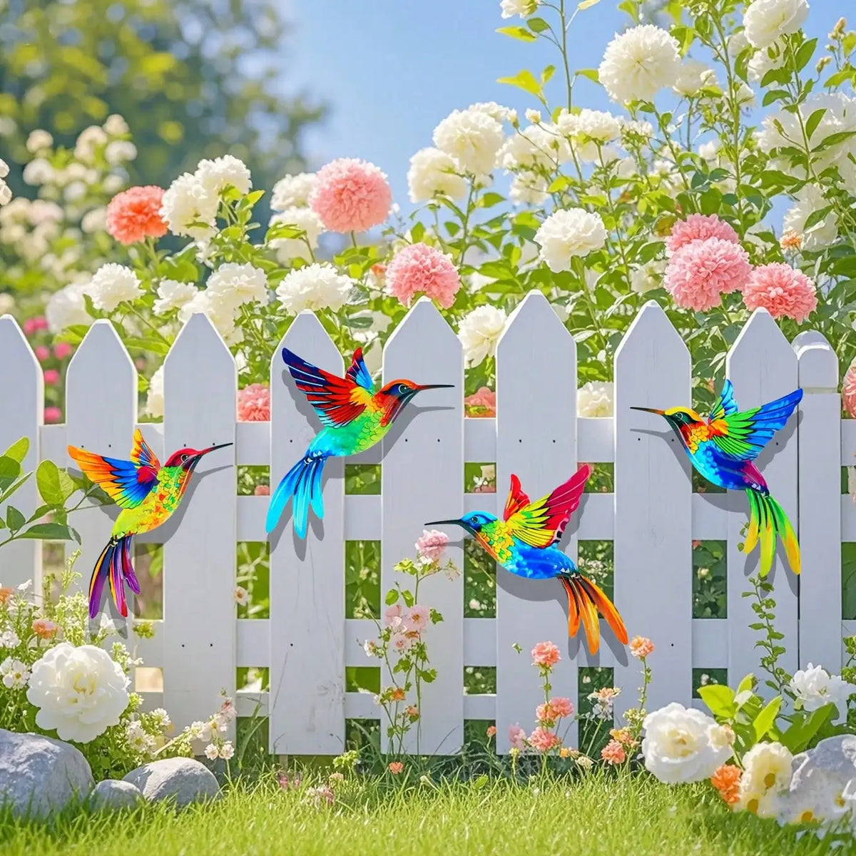 Colorful metal hummingbird wall art featuring vibrant iridescent feathers displayed on a white picket fence with pink and whi