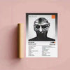 A black and white poster featuring a stylized face, titled MF DOOM MADVILLAINY, displayed against a pink wall.