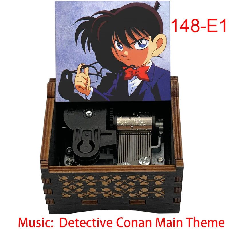 A music box featuring a Detective Conan theme, including an anime illustration and internal mechanism.