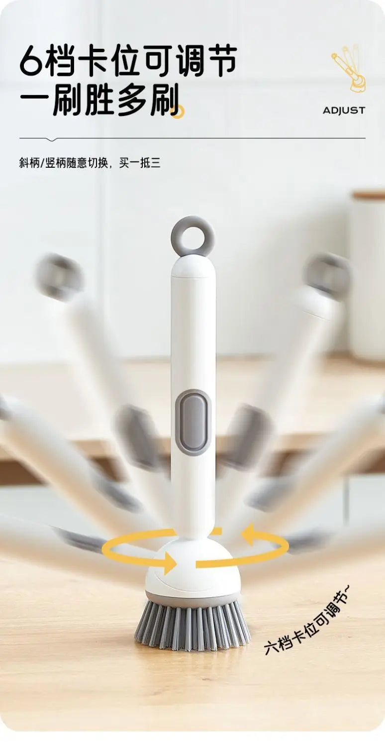 A white adjustable long-handled brush with six bristles is shown on a wooden surface.