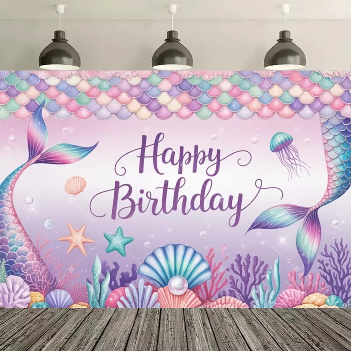 A vibrant mermaid tail birthday backdrop featuring iridescent scales, starfish, and colorful coral in a pink and purple theme
