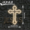 A glowing white neon cross wall sign with dimensions marked on the surrounding dark surface.