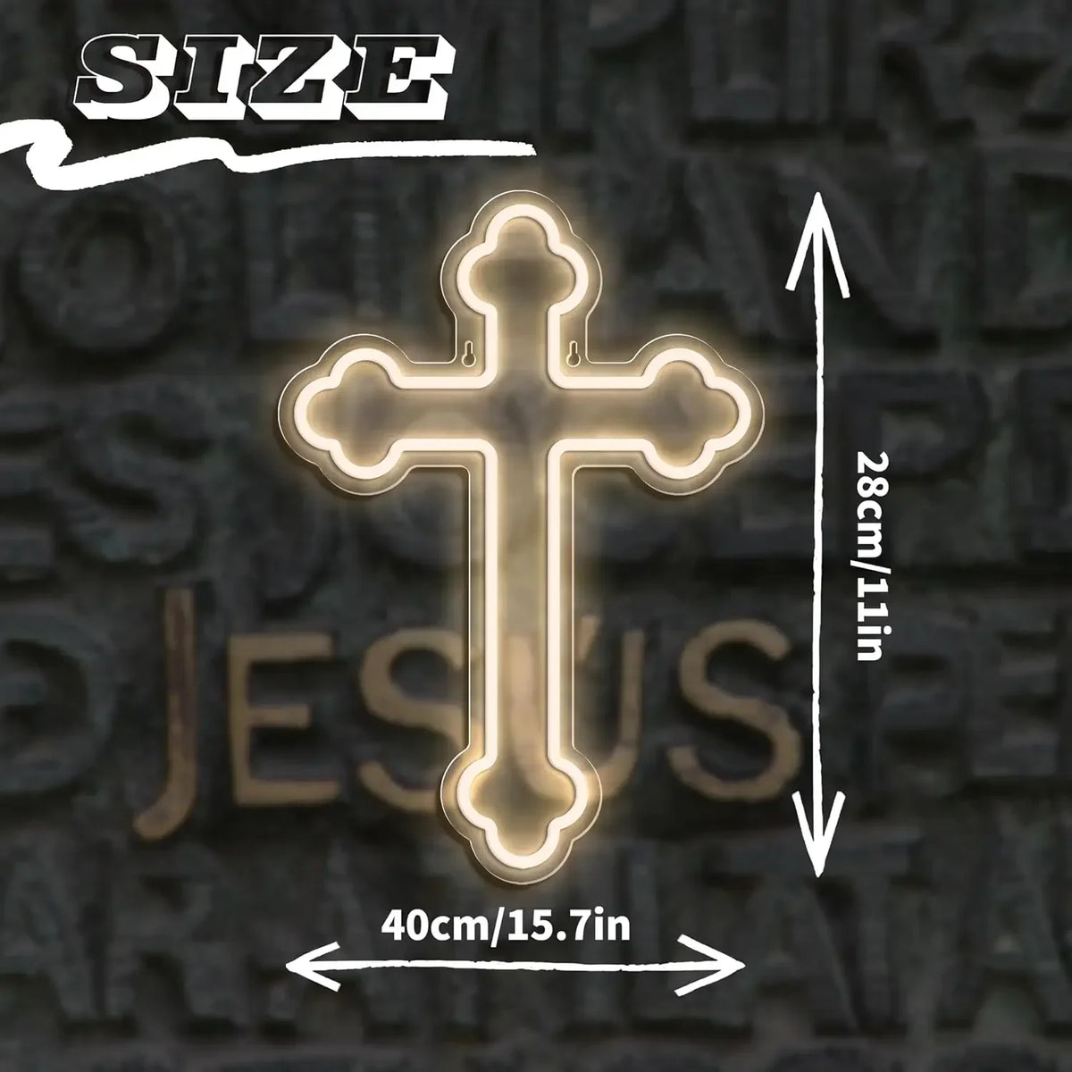 A glowing white neon cross wall sign with dimensions marked on the surrounding dark surface.