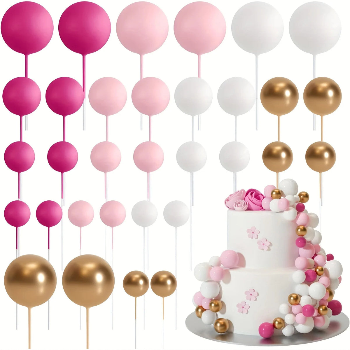 A set of 20 mini foam ball cake toppers in pink, white, and gold colors on thin sticks.