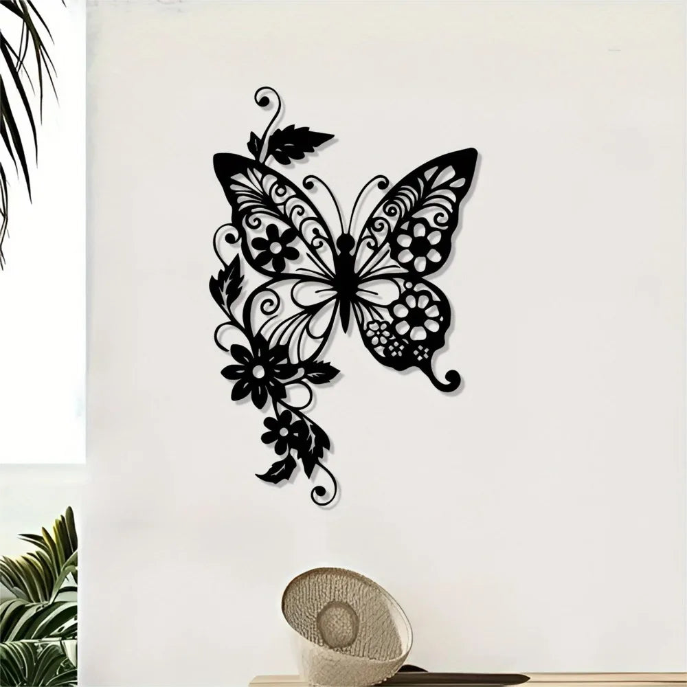 Black metal wall art featuring an elegant Art Nouveau butterfly design with intricate floral details.