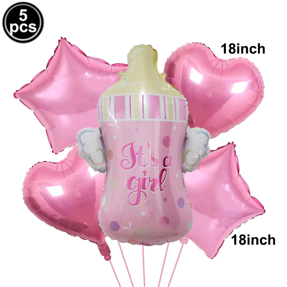 Five pink foil balloons shaped like a baby bottle and heart for baby shower decoration