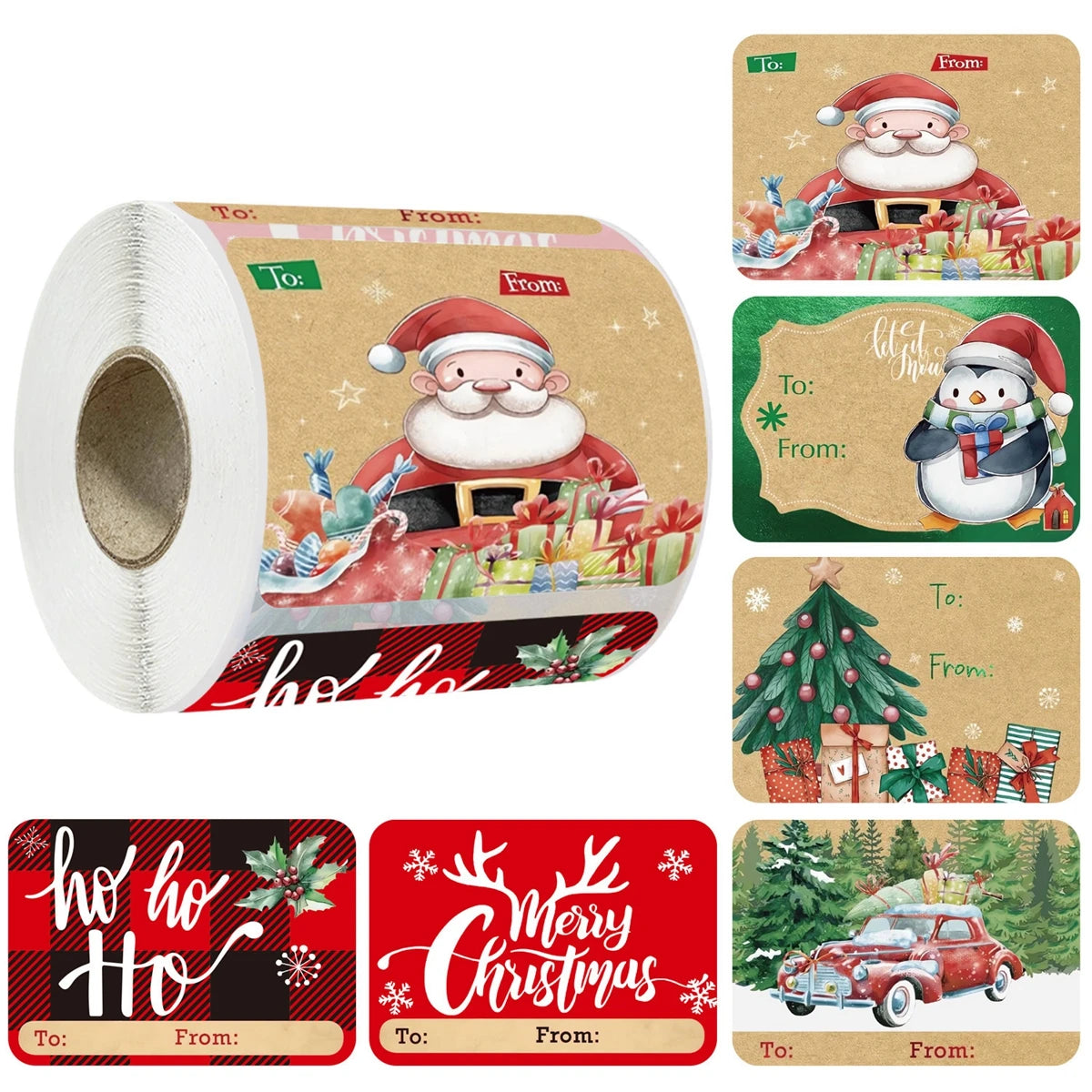 Roll of Merry Christmas decorative stickers featuring Santa Claus and festive holiday designs