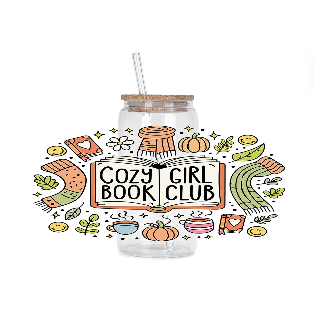 A clear glass jar filled with decorative stickers and a straw, featuring a cozy girl book club theme.