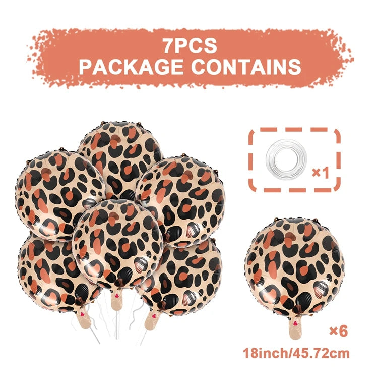 A package of 7 pieces of jungle safari cartoon animal foil balloons including monkey and tiger designs.