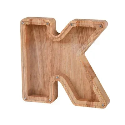 Wooden alphabet shaped piggy bank coin box for kids in light wood tone