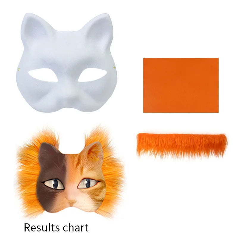 A kit showing a white mask, an orange paint swatch, and an orange faux fur detail for DIY fox and cat masks.