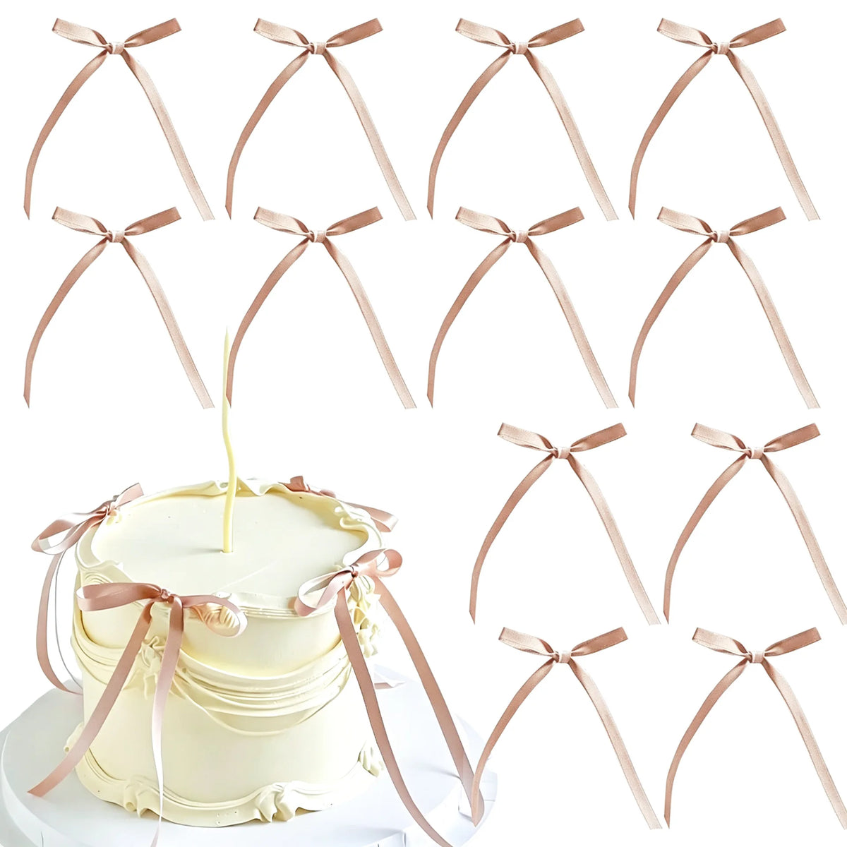 A white cake decorated with pale yellow frosting and adorned with elegant ribbon bow toppers.