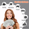 A smiling woman holds a fan of US dollar bills, illustrating financial challenges and options like saving, education, travel,