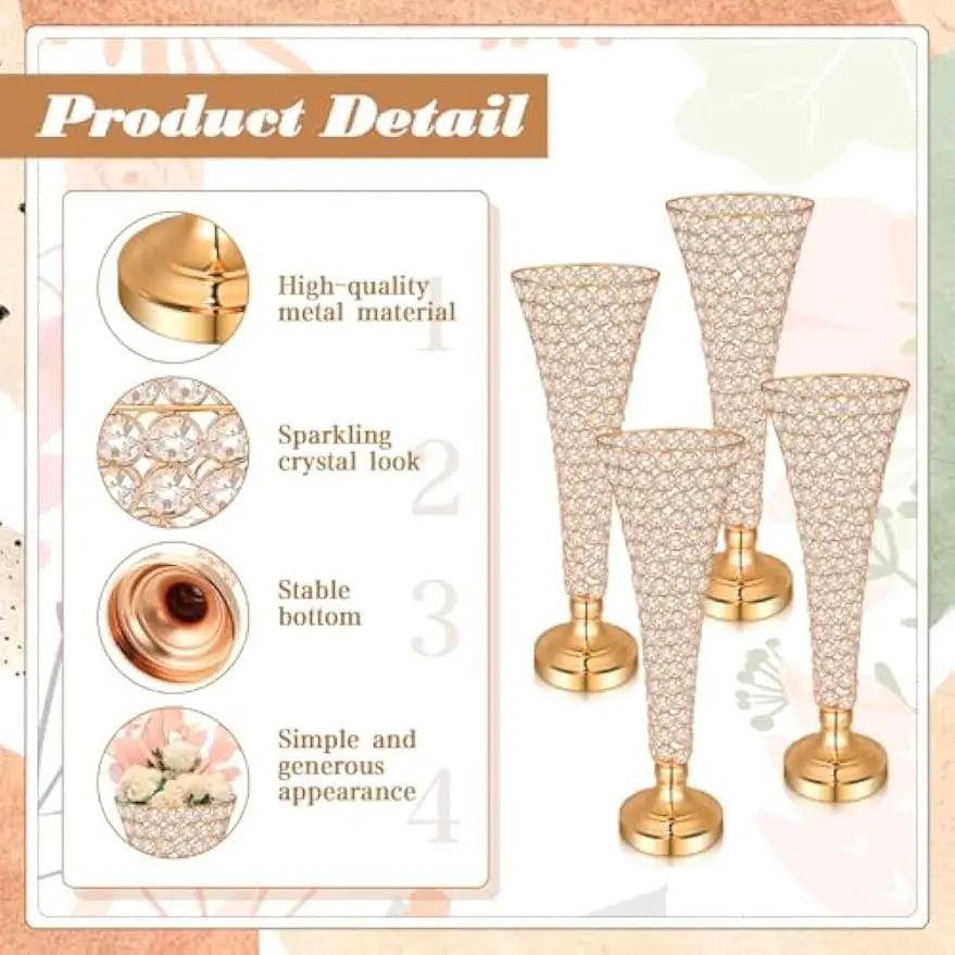 Ein Set goldener Kristall-Hochvasen mit glitzerndem Look als Mittelstücke.