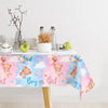 Pink and blue watercolor cloud pattern tablecloth for a gender reveal party table