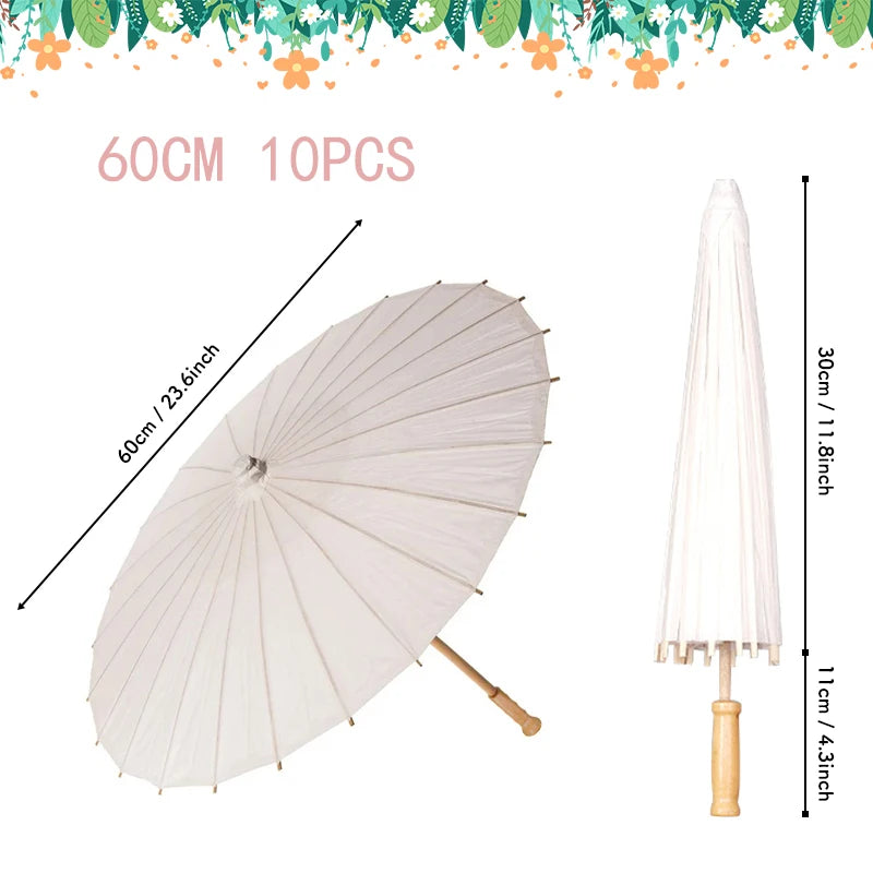 A white oil paper umbrella with a light beige handle and decorative floral border.