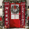 A festive Christmas door banner featuring plaid patterns and holiday greetings on a red door.
