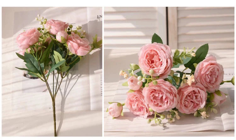 A bouquet of pink silk peony flowers arranged for weddings and home decor.