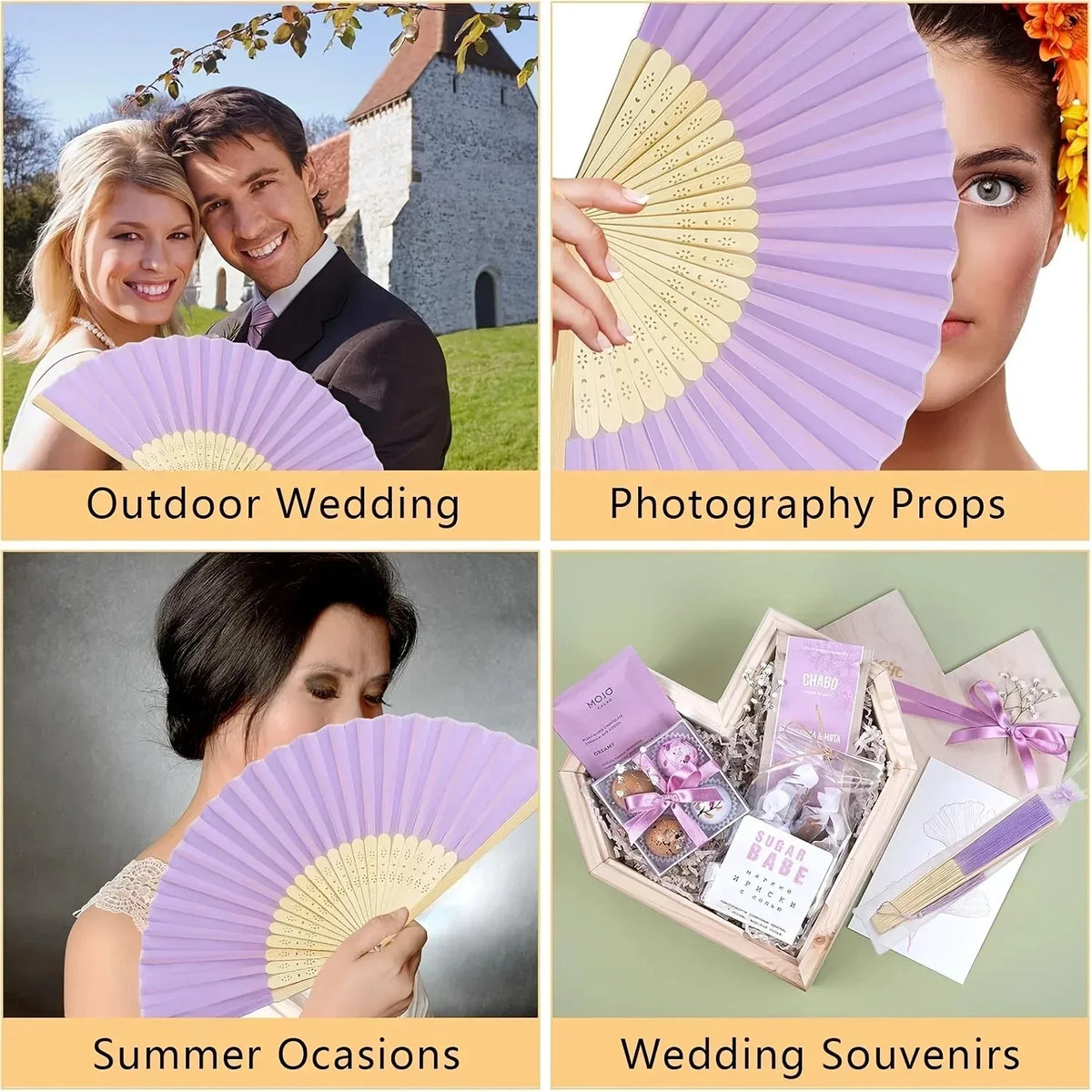 Collection d'éventails pliants élégants pour femmes, violet et or, pour mariages en extérieur et photographie d'été