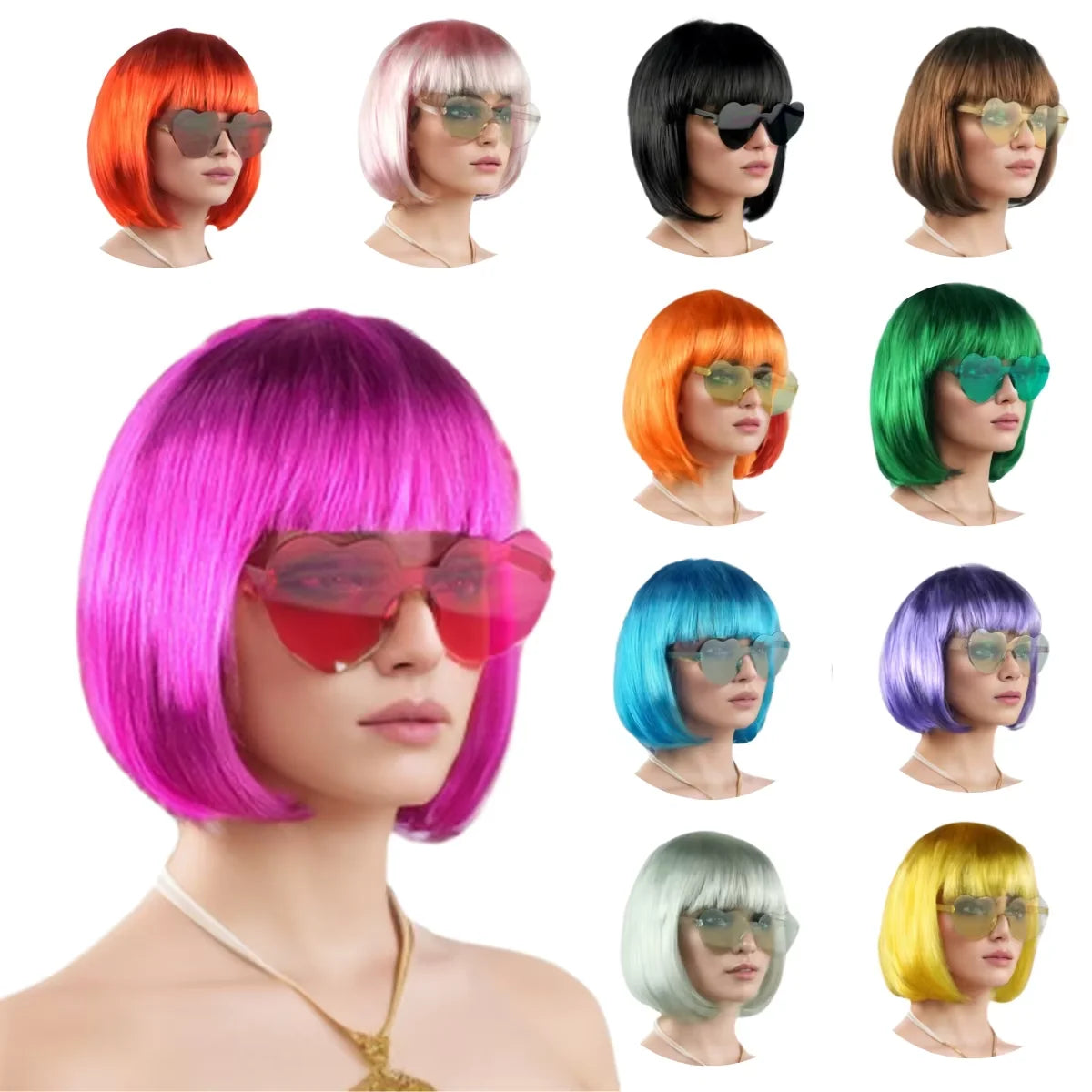A collection of short hair wigs in various colors including pink, orange, black, green, and purple, shown on a mannequin head