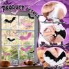 Detalles del producto mostrando calcomanías de ventana de murciélago rosa e instrucciones de aplicación en la pared.